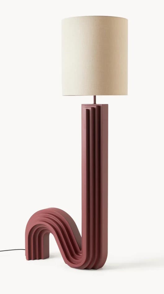 A floor lamp with a distinctive sculptural base featuring a series of layered, curved elements forming an 'S' shape. The upright stem is rectangular with vertical fluting. It is topped with a cylindrical lampshade. — 3D model