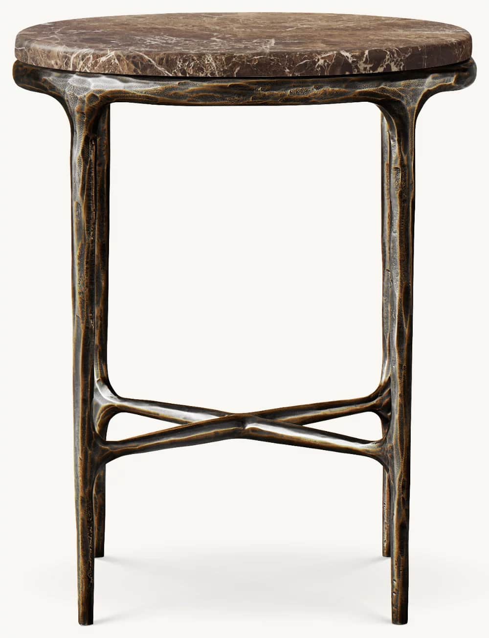 A small, round table featuring a dark brown marble top with prominent lighter veining. The top rests… — 3D model