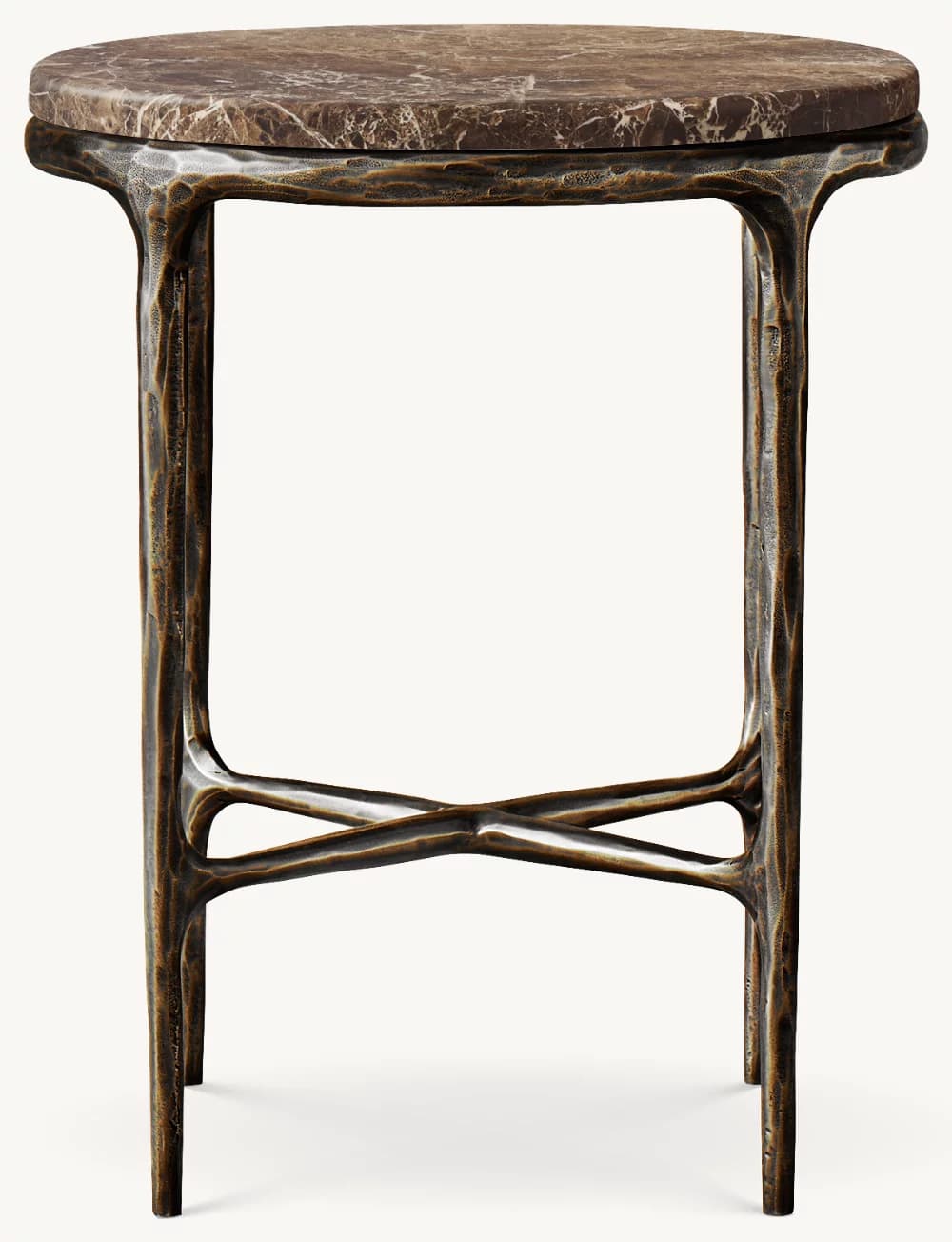 A small, round table featuring a dark brown marble top with prominent lighter veining. The top rests on a robust, textured dark cast metal base with an organic, sculptural design. The base consists of four splayed legs connected by an X-shaped stretcher near the floor. — 3D model