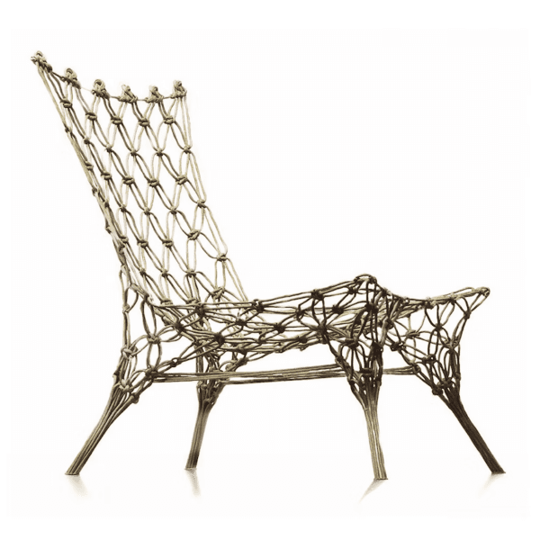 An organically shaped lounge chair constructed entirely from intricately knotted cords or rope, form… — 3D model