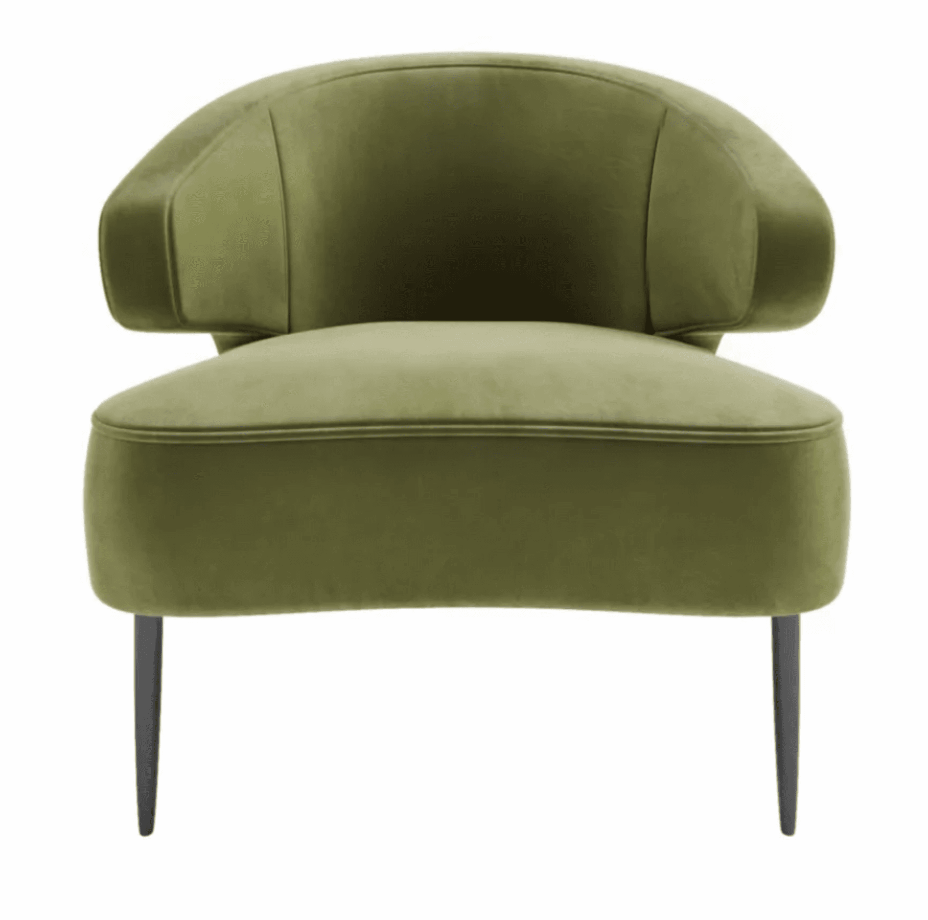 A modern armchair with a rounded back and integrated armrests, upholstered in a soft, olive-green velvet fabric. The chair features a plush seat cushion and a contoured backrest. It is supported by four slender, tapered legs in a dark finish. — 3D model