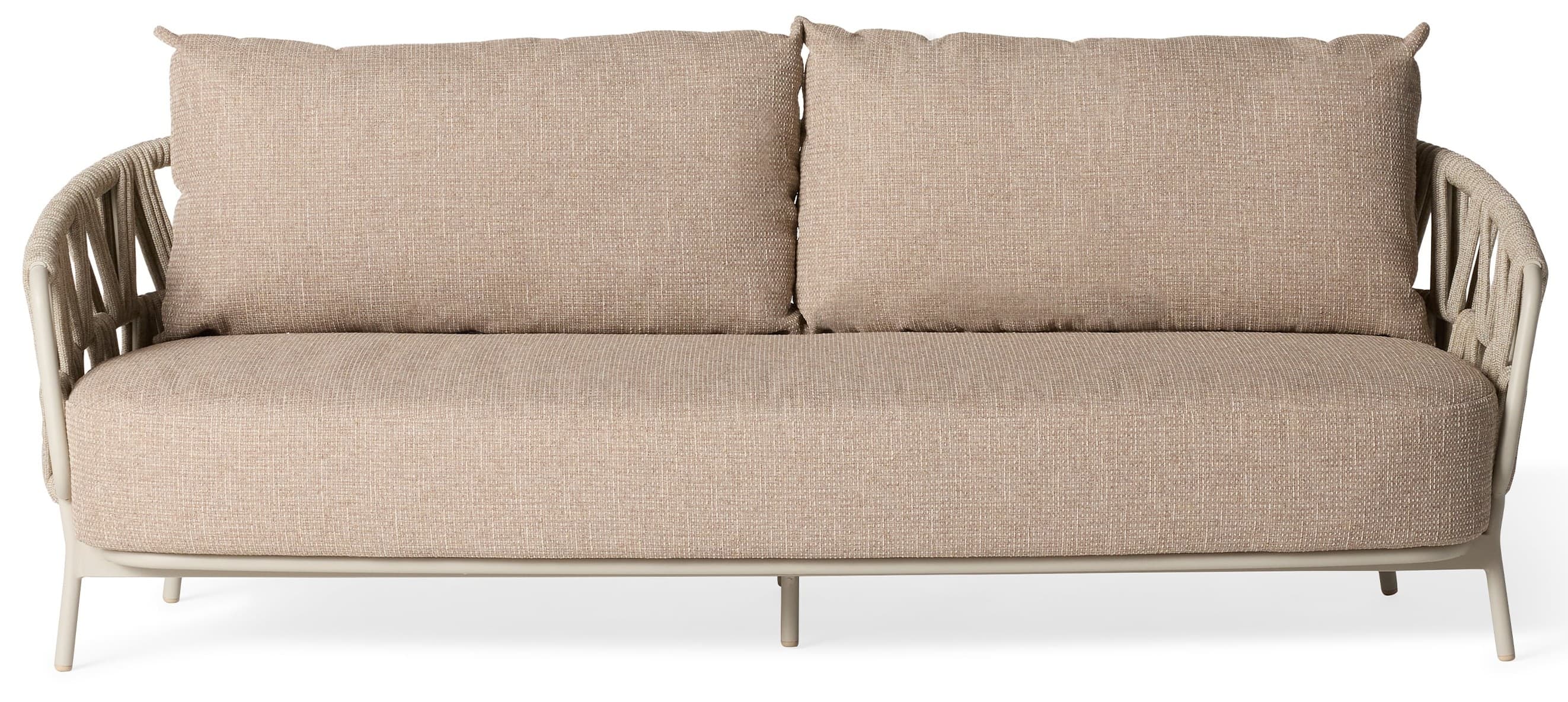 A two-seater sofa with a modern design, featuring a light beige fabric upholstery on the seat and back cushions. The frame and armrests are constructed from a pale beige material, with the armrests incorporating a woven rope detail. The sofa is supported by slender, angled legs. — 3D model