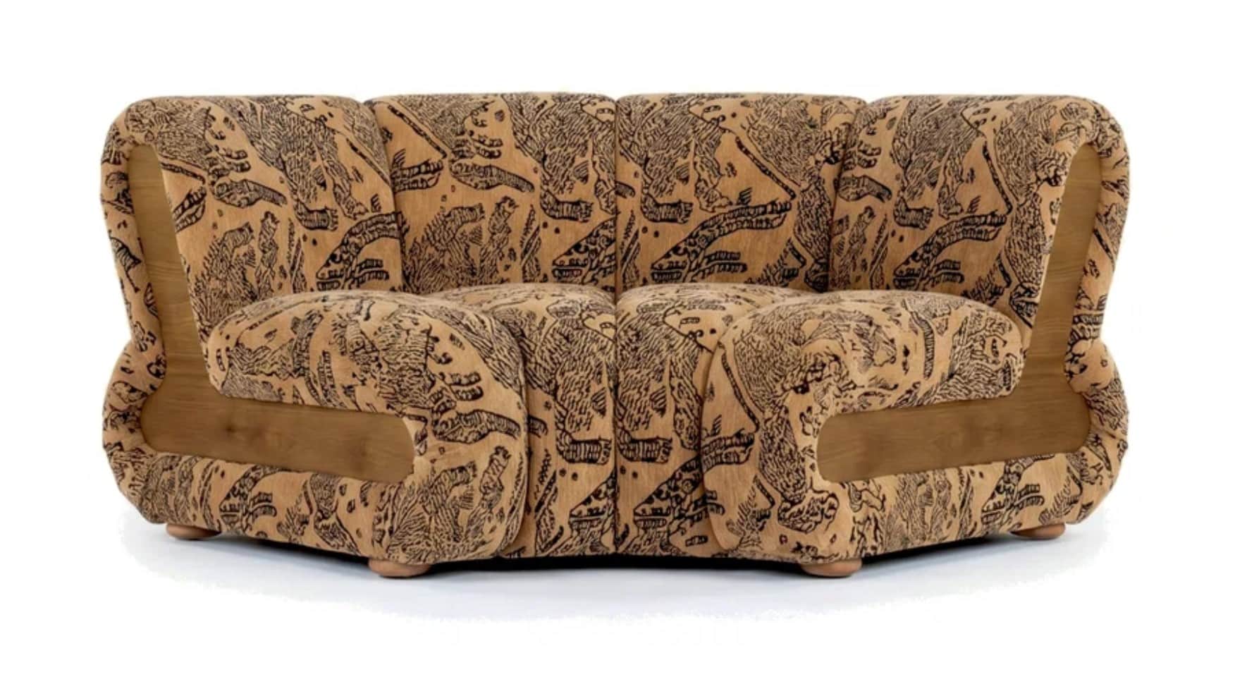 A two-seater sofa featuring a distinctive organic, rounded form and a unique patterned upholstery. I… — 3D model