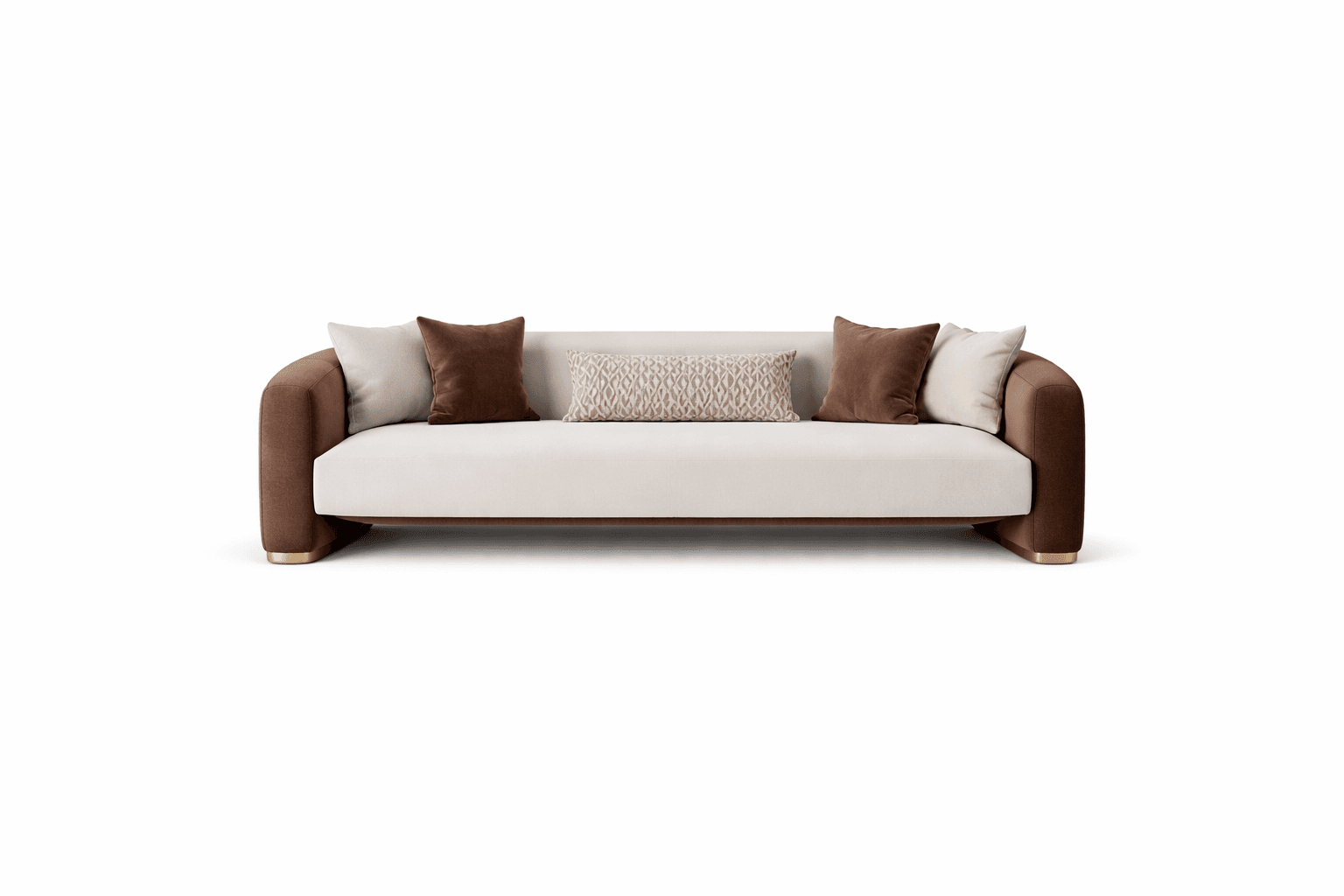 A contemporary sofa with a low-profile rectangular frame. The seat and back cushions are upholstered in a light-colored fabric, contrasting with the brown fabric covering the arms and the base frame. It features multiple throw pillows for added comfort and aesthetic appeal. The sofa rests on a subtle base with metallic accents at the corners. — 3D model