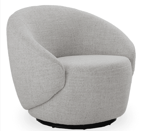 A light grey upholstered swivel armchair featuring a continuous, rounded backrest and integrated arms, a thick seat cushion, and a low-profile black swivel base. — 3D model