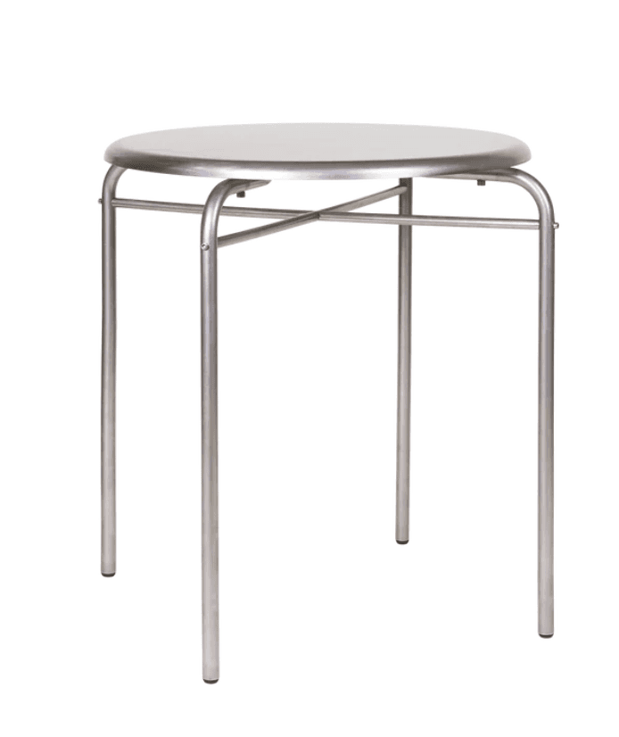 A small, round side table with a brushed metal finish, featuring a circular top and four tubular legs connected by a cross brace. — 3D model