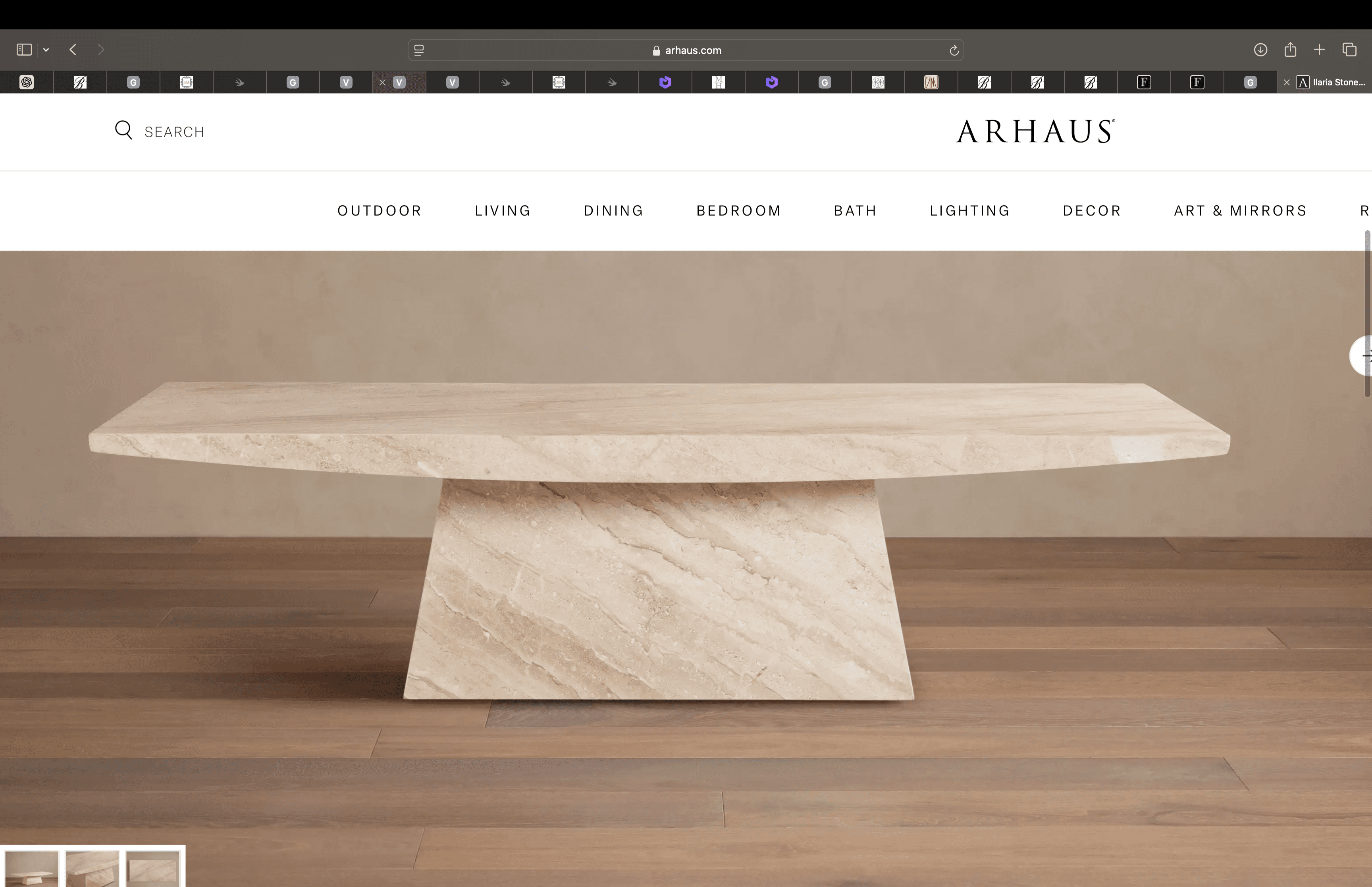 A long, rectangular coffee table constructed entirely from light beige travertine with a distinctive angled pedestal base, showcasing natural stone patterns. — 3D model