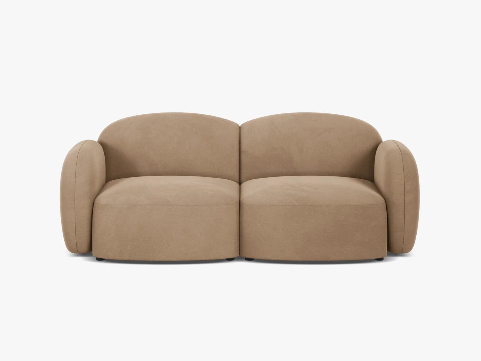 A two-seater sofa with a contemporary design, featuring entirely rounded edges and a plush, upholstered form in a neutral beige or tan color. The sofa appears to be composed of two distinct but adjoined seating modules, each with an integrated backrest and armrest, giving it a soft, inviting aesthetic. — 3D model