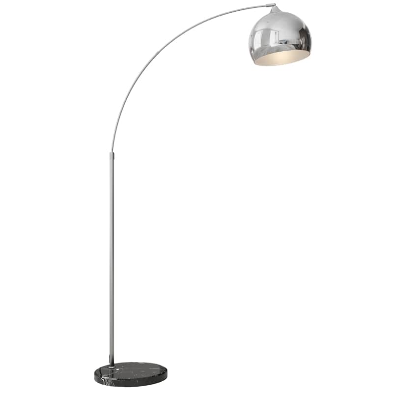 A modern arc floor lamp featuring a tall, curved chrome-plated metal stem that culminates in a spher… — 3D model