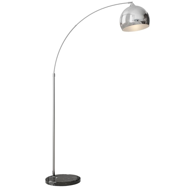 A modern arc floor lamp featuring a tall, curved chrome-plated metal stem that culminates in a spherical dome shade. The shade has a polished, reflective chrome finish on the exterior and a white interior to reflect light downwards. The lamp is supported by a substantial, round base made of black and white veined marble. — 3D model