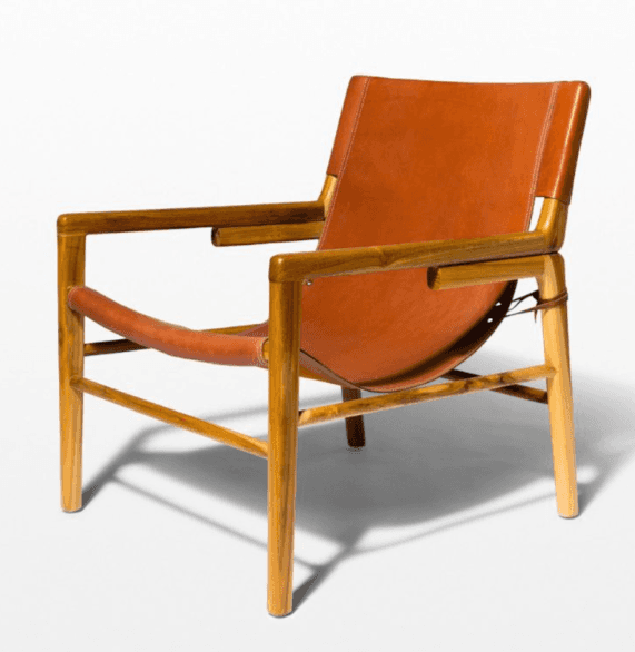 A low-profile armchair featuring a frame constructed from polished wooden legs and arms. The seat an… — 3D model