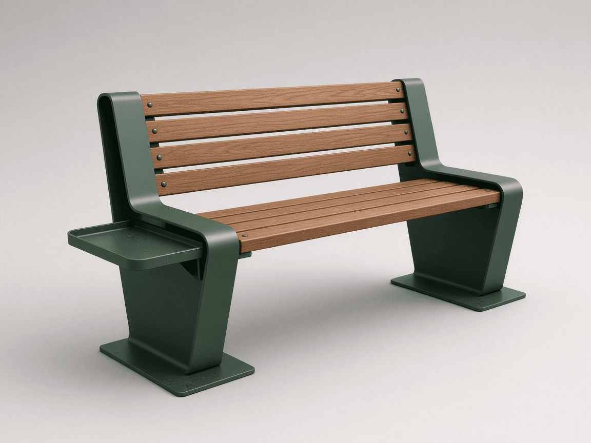A modern outdoor bench featuring a dark green metal frame with clean, angular lines and a slatted seat and backrest made from light brown wood or wood-composite material. An integrated tray table extends from one side of the bench, positioned at armrest height. The robust base provides stability, suitable for public or commercial outdoor environments. — 3D model