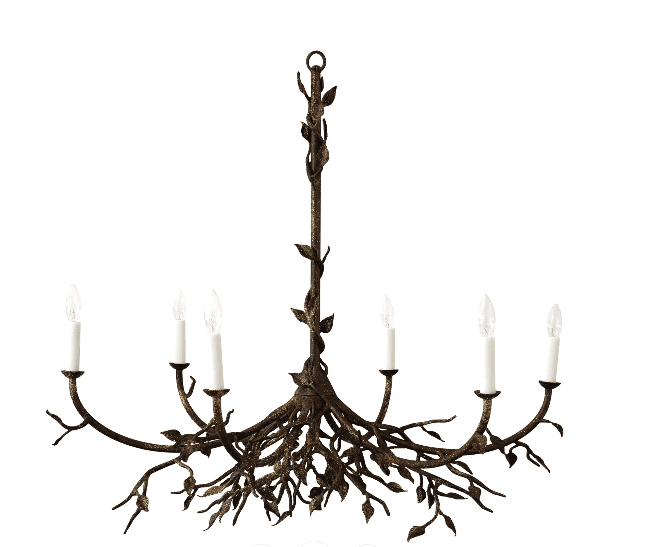 A wrought iron chandelier designed to resemble branches and leaves. It has six candle-style light so… — free STL 3D model