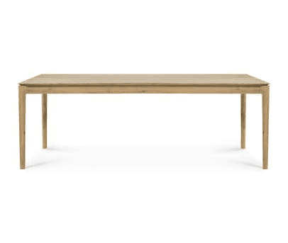 A modern rectangular dining table crafted from light-colored oak wood, featuring a clean tabletop with subtly rounded corners and four slender, straight legs, presented against a white background. — 3D model