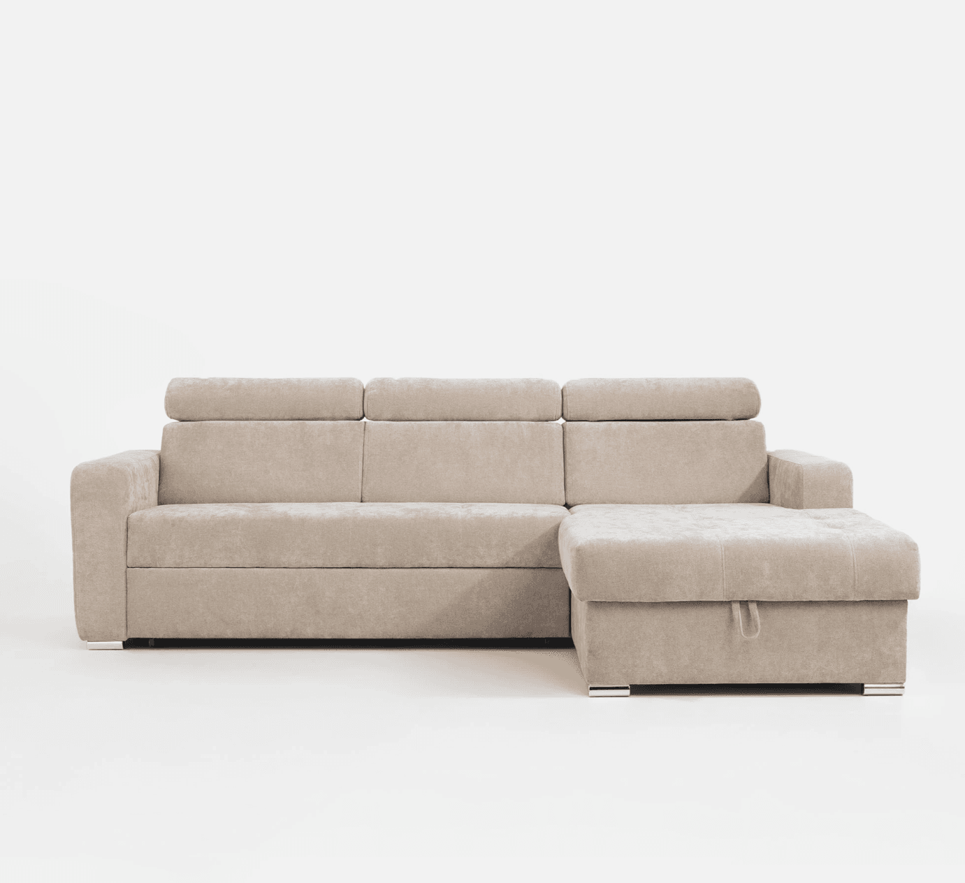 A light beige upholstered contemporary sectional sofa with a right-facing chaise lounge. The sofa features adjustable headrests, segmented back cushions, and integrated storage within the chaise, indicated by a pull handle. It rests on short, polished rectangular metal feet. — 3D model