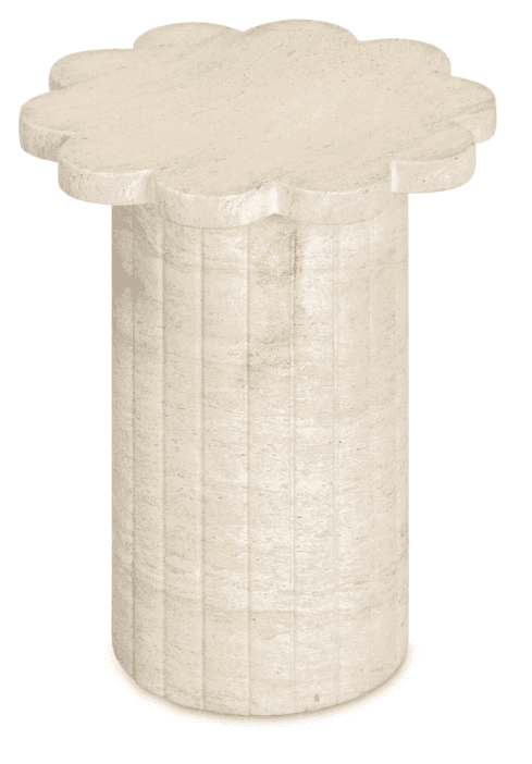 A light beige, cream-colored travertine table featuring a scalloped-edge circular top and a fluted c… — 3D model