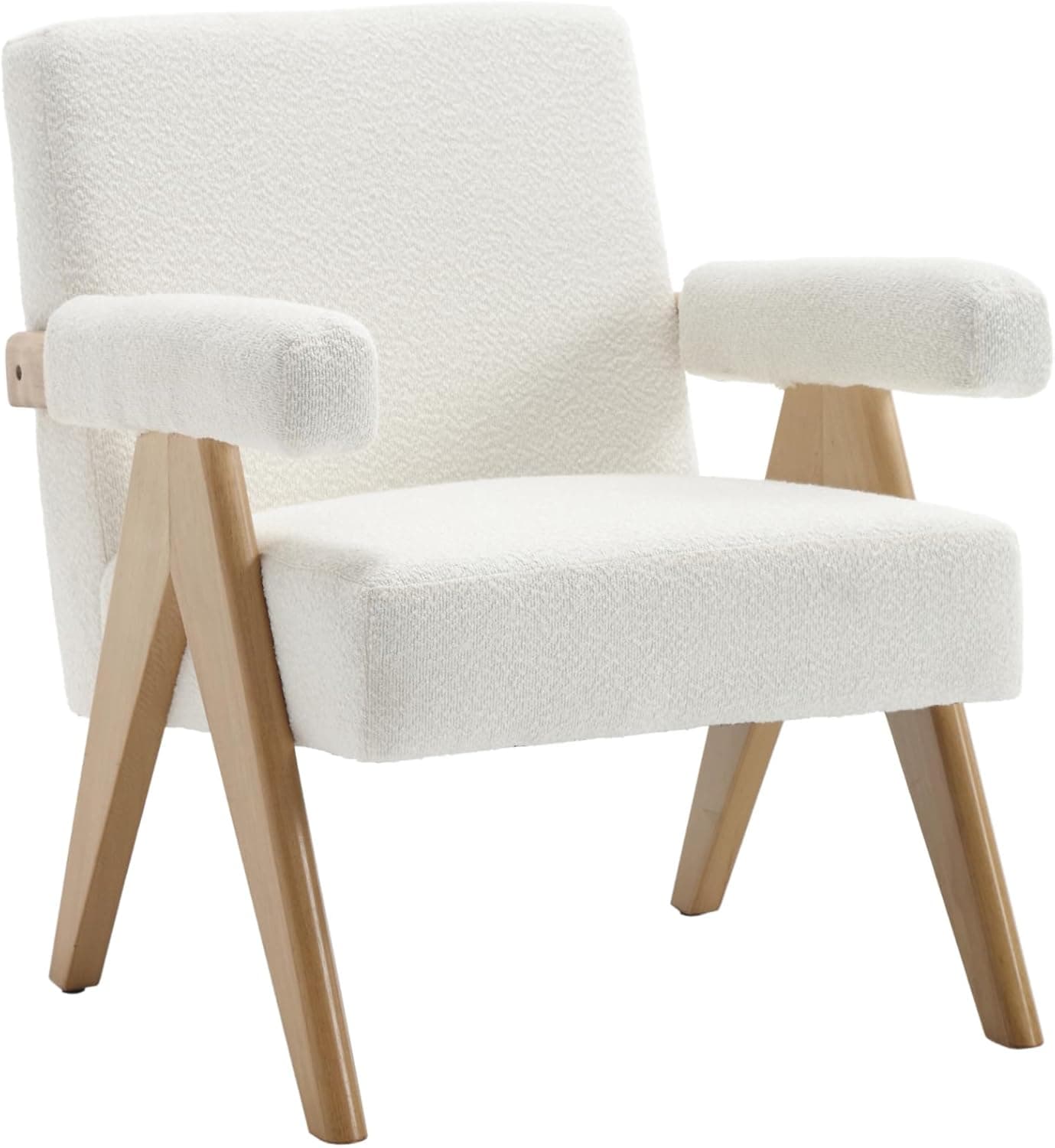 A contemporary armchair with a textured boucle fabric upholstery in a cream color. The armchair features a low profile with integrated armrests and a supportive backrest. The frame and legs are constructed from light-colored wood with a natural finish, exhibiting a minimalist design with angled front legs and a more angled rear support structure for the armrests. — 3D model