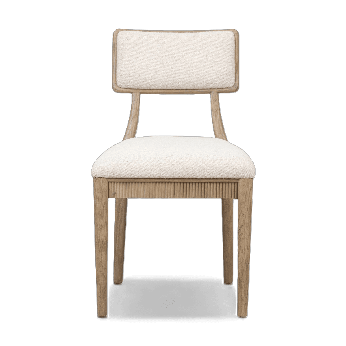 A dining chair with a wooden frame and upholstered seat and backrest. The seat and backrest are covered in a textured, light-colored fabric. The wooden frame has a light, natural finish and features a fluted design along the apron below the seat. The backrest is rectangular with gently rounded corners and is supported by two curved wooden uprights. — 3D model