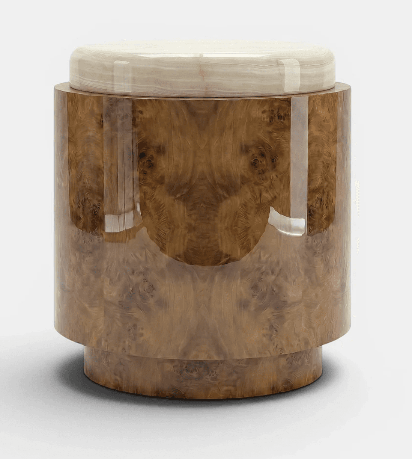 A cylindrical furniture piece featuring a high-gloss burl wood body and a polished, rounded onyx top… — 3D model