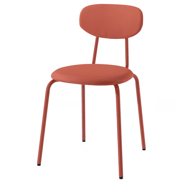 A modern chair with a rounded backrest and a padded seat, supported by four slender, tubular metal legs. The chair has a minimalist design with clean lines. — 3D model