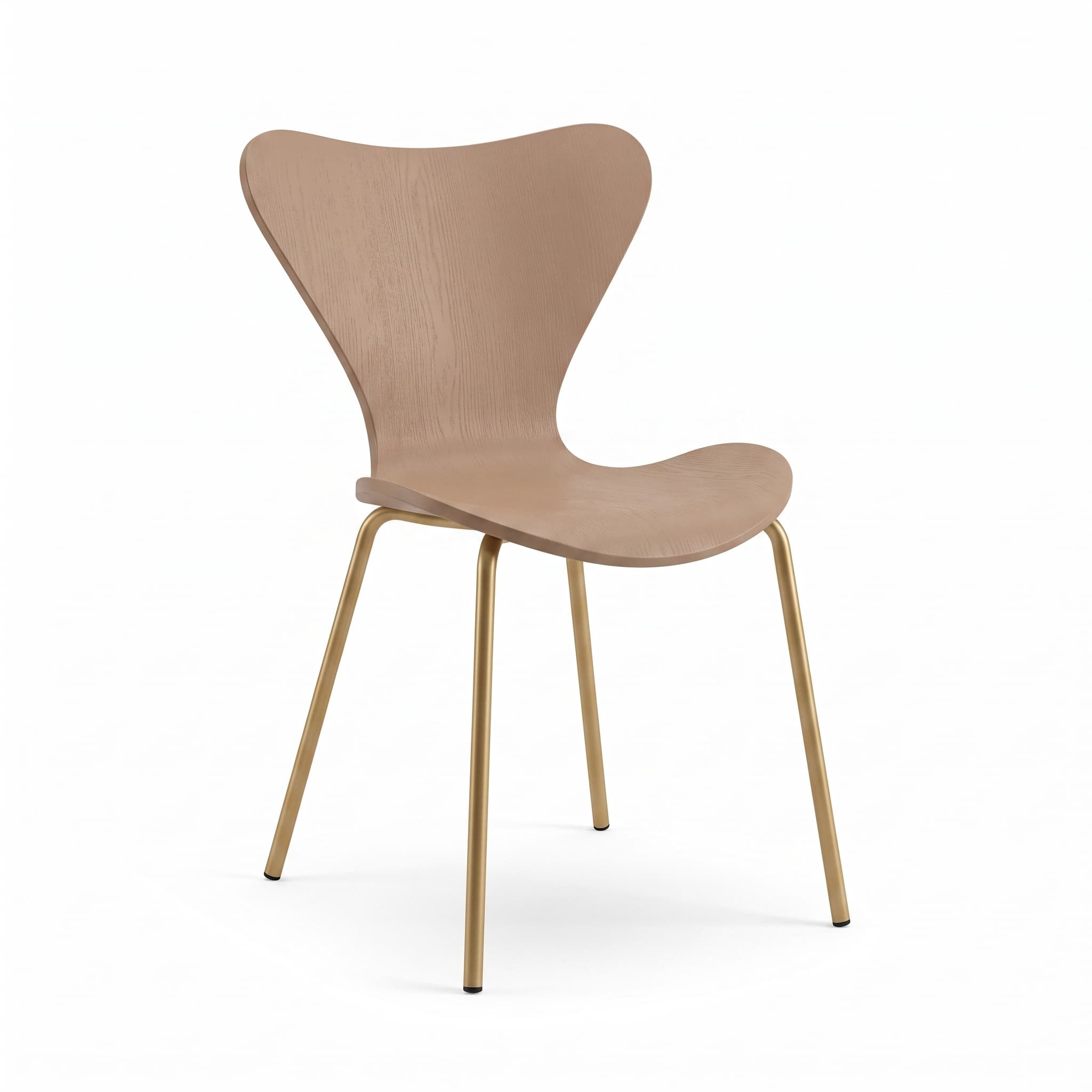 A modern, armless chair featuring a single piece of molded plywood that forms both the ergonomically curved seat and backrest. The plywood has a visible light wood grain texture. The chair is supported by four slender, slightly angled tubular metal legs with a brass finish, providing a minimalist and stable base. — 3D model