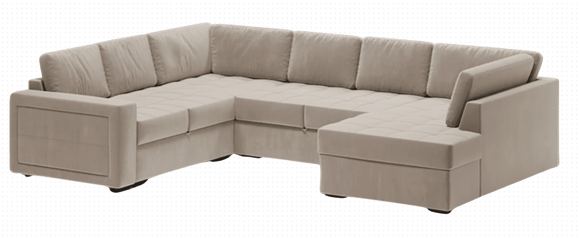 A large, modular U-shaped sofa with a chaise lounge extension. The sofa features multiple seating sections with plush, square-tufted seat cushions and back cushions. It has a low profile with a skirted base. — 3D model