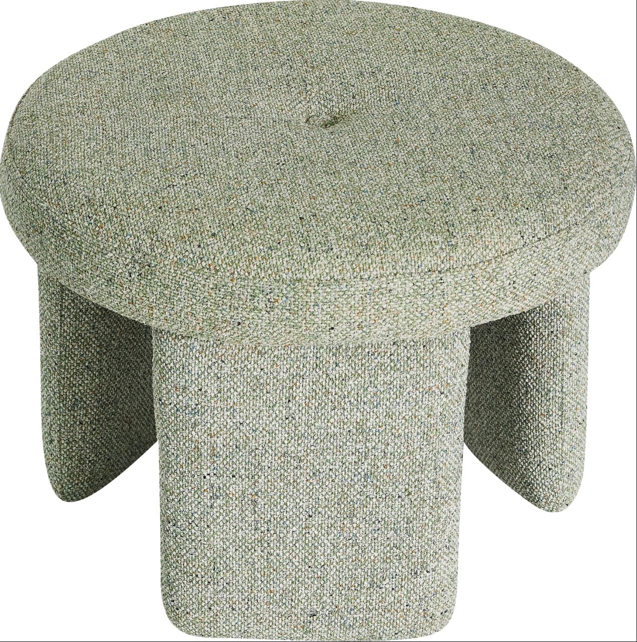A contemporary round upholstered stool or ottoman featuring a textured light green mélange fabric. The design includes a circular top with a single central button tuft, supported by three solid, block-like legs that are also fully upholstered, creating a cohesive and monolithic appearance. The fabric has a speckled, multi-tonal quality. — 3D model