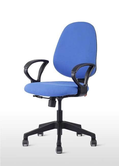A contemporary office chair featuring a blue fabric upholstered seat and backrest, black fixed armre… — free BLEND 3D model