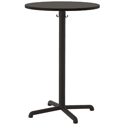 A tall, round-top bar table with a single central pedestal base. The table features a dark finish an… — 3D model