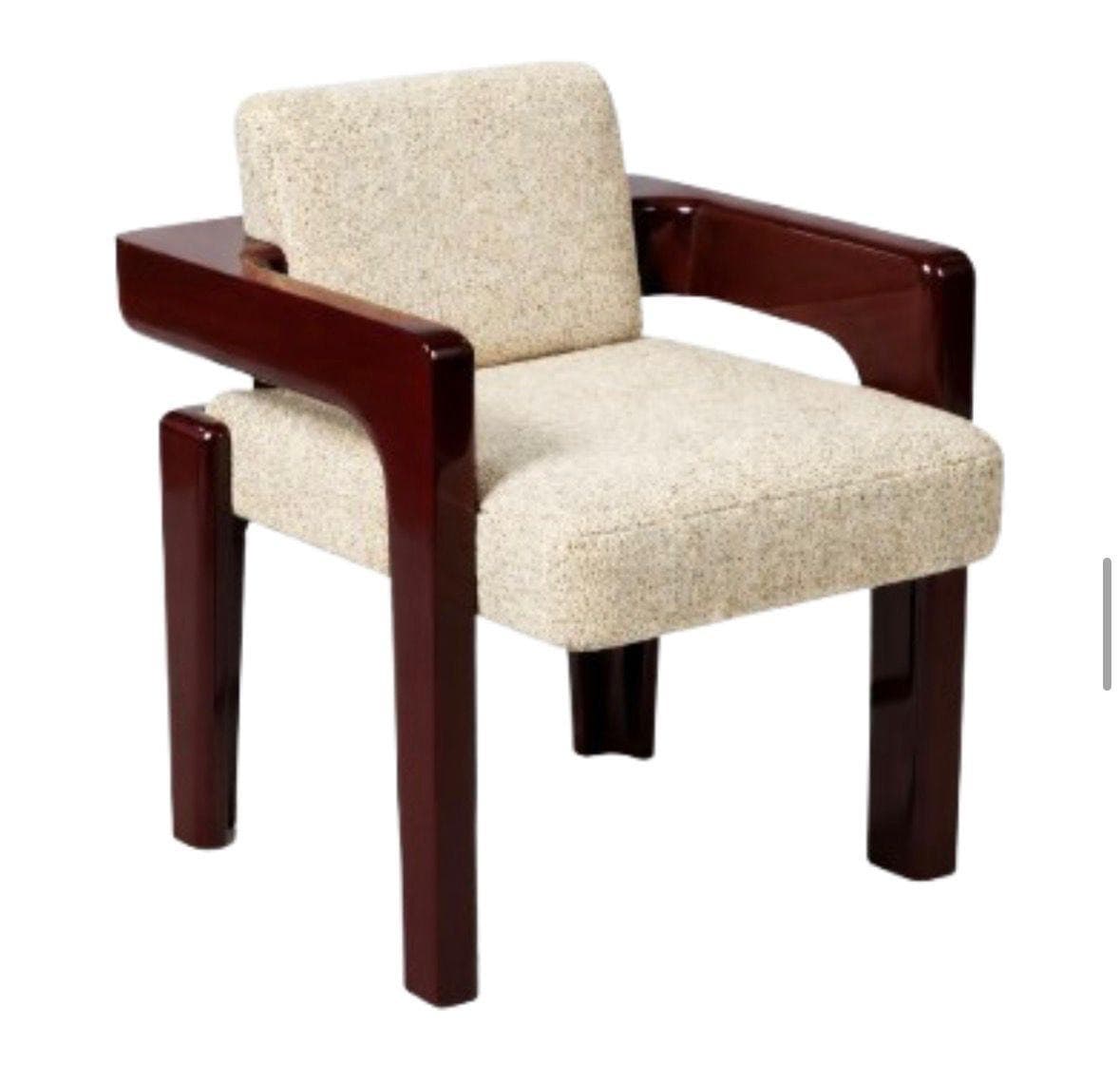 A modern armchair with a wooden frame and upholstered seat and backrest. The frame is constructed from dark, polished wood, featuring curved armrests that extend from the backrest and transition into the legs. The seat and backrest are upholstered in a textured, light-colored fabric. — 3D model