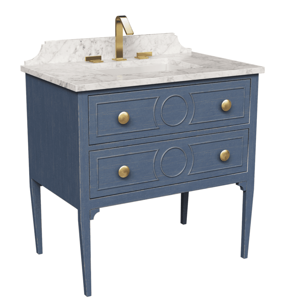 A freestanding vanity unit with a marble top and a blue cabinet. The cabinet features two drawers wi… — 3D model