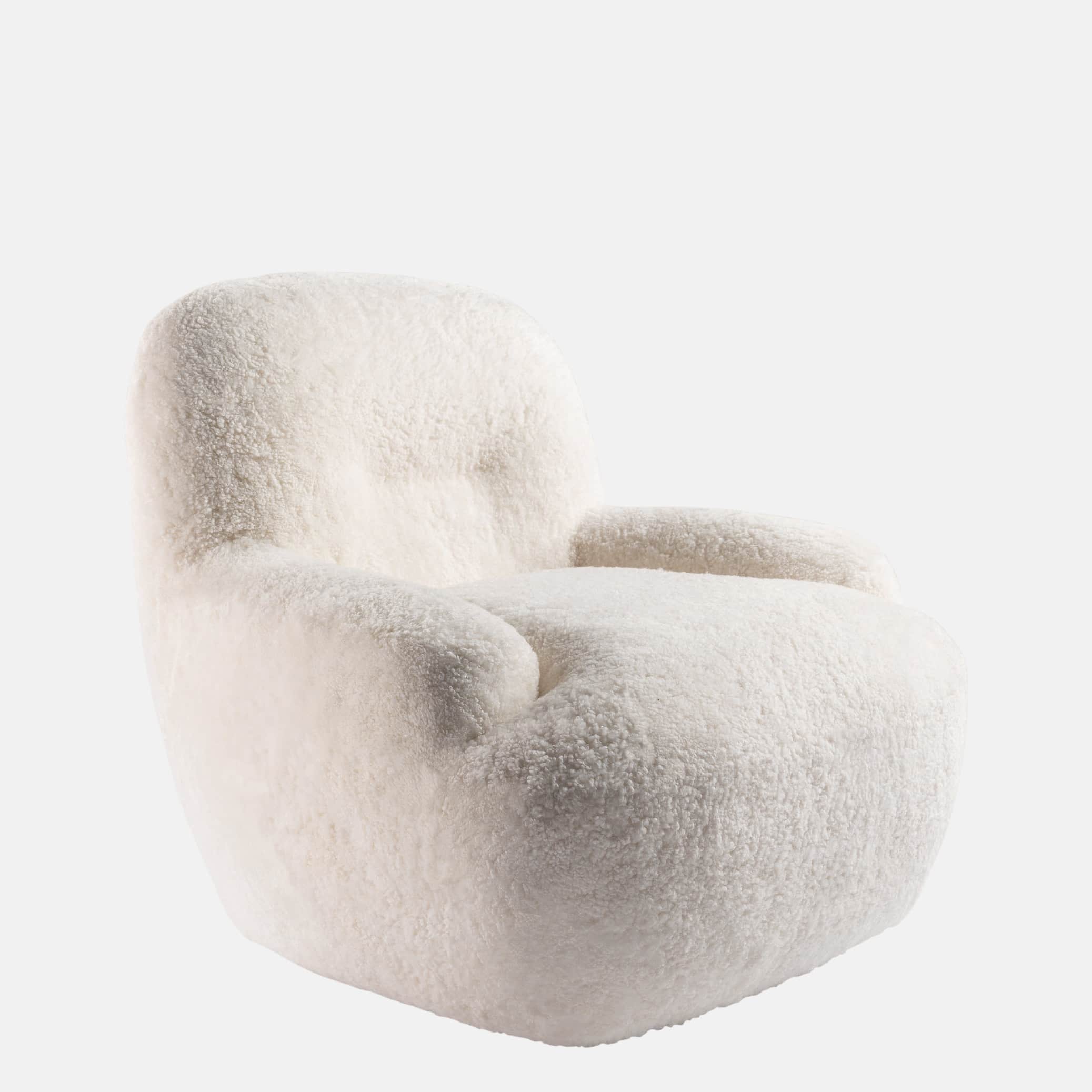 A plush, off-white upholstered lounge chair with a rounded, inviting silhouette, covered in a thick,… — 3D model
