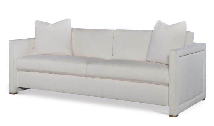 A white upholstered sofa with a clean-lined design. It features a three-cushion seat and back, with… — free GLTF 3D model