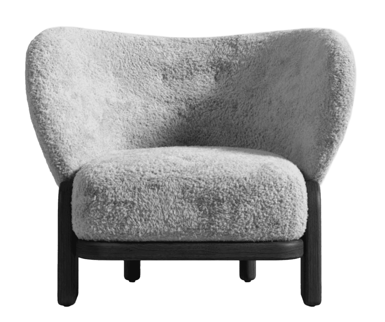 A contemporary armchair featuring a rounded, high-back design upholstered in a textured, fluffy fabric. The chair has a solid base and legs constructed from dark wood, providing a contrasting element to the lighter upholstery. — 3D model