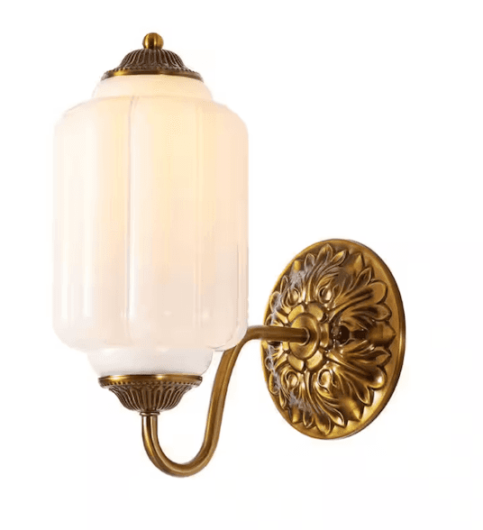 A vintage-style wall lamp with a fluted, opalescent glass shade and a decorative brass backplate. Th… — free GLB 3D model