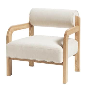 A contemporary lounge chair featuring a sturdy, light-toned wooden frame and thick, upholstered cush… — free OBJ 3D model