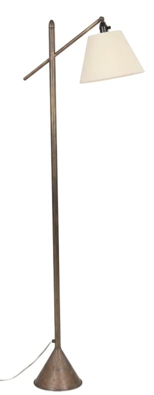 A tall, slender floor lamp featuring a metal construction with an antique brass or bronze finish. It has a conical base, a straight vertical shaft, and an angled arm extending from the upper portion. The arm supports a conical fabric shade in an off-white or cream color. The design appears functional, allowing for directional light. — 3D model