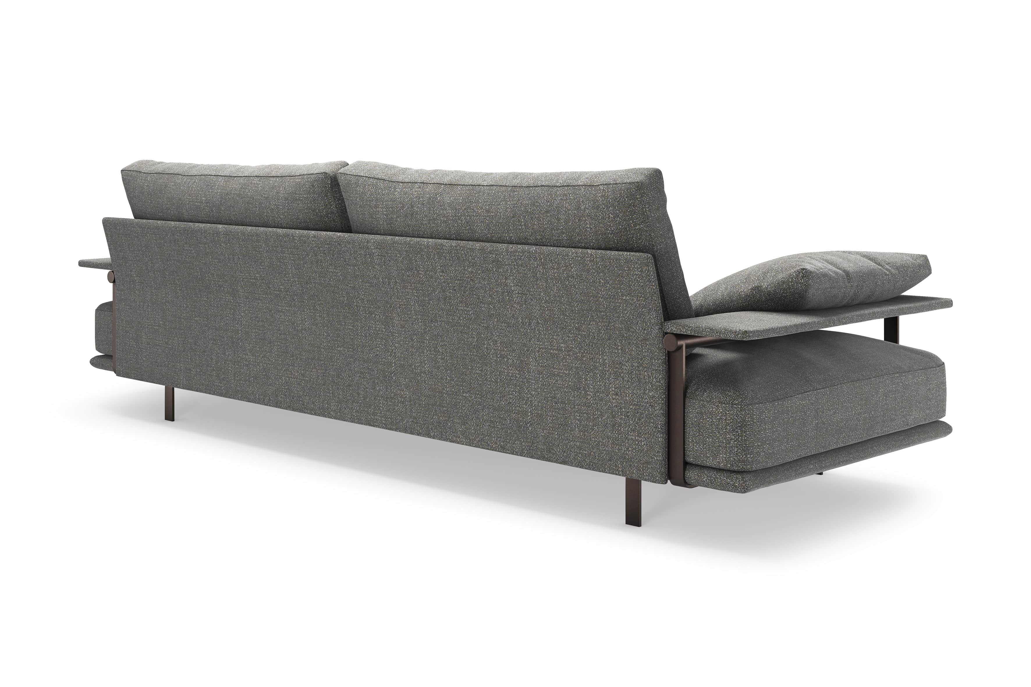 A contemporary two-seater sofa upholstered in a grey, textured fabric. It features a visible dark me… — free OBJ 3D model
