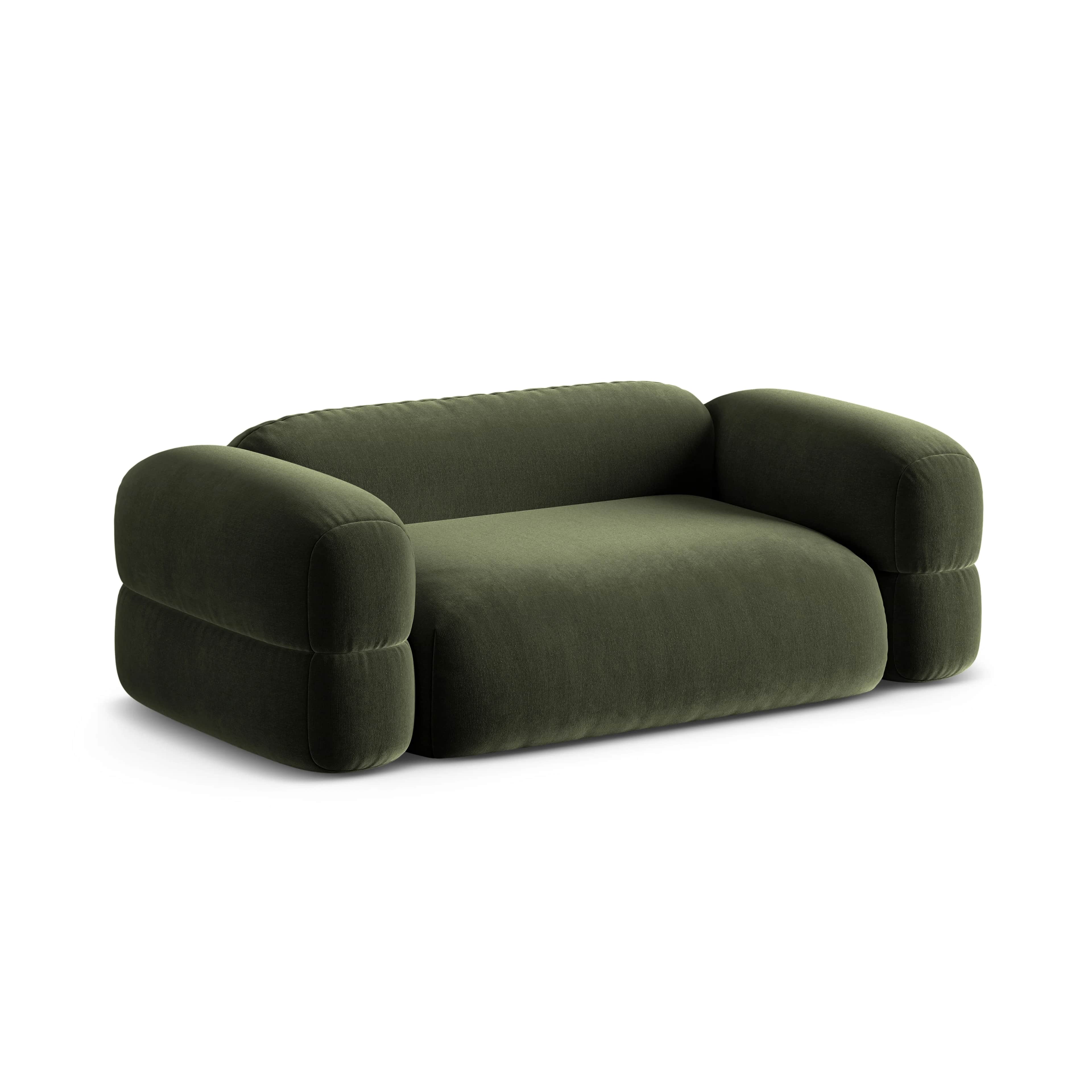 A contemporary loveseat upholstered in a dark olive green fabric, possibly velvet or chenille. The d… — 3D model