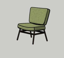 A contemporary armchair with a low profile, featuring a wooden frame and upholstered cushions. The seat and backrest are padded and covered in a textured green fabric, with dark brown piping along the edges. The frame consists of four tapered legs and a supporting structure for the seat, all finished in a dark wood stain. — 3D model