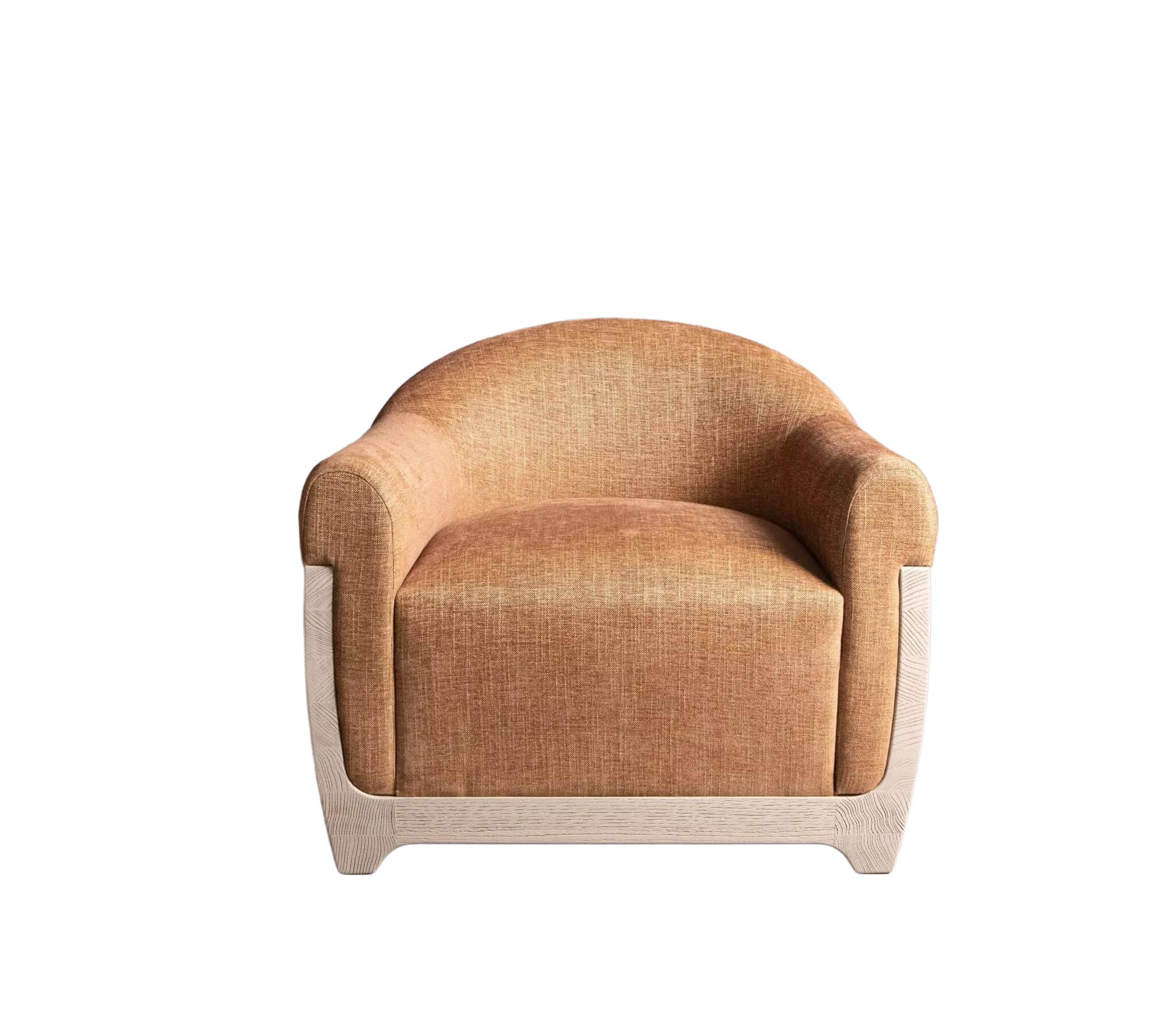 An upholstered barrel back accent chair featuring a curved backrest and integrated armrests. The sea… — 3D model