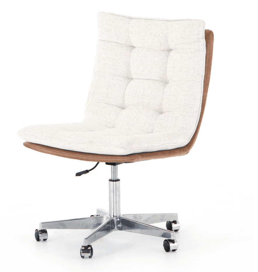 An armless swivel desk chair featuring a tufted upholstered seat and backrest. The upholstery is a l… — 3D model