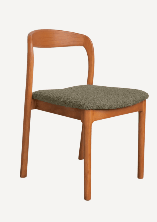 A Scandinavian style dining chair featuring a light-toned wooden frame with a gently curved backrest and a padded, upholstered seat in a textured olive-green fabric. The chair stands on four tapered wooden legs. — 3D model