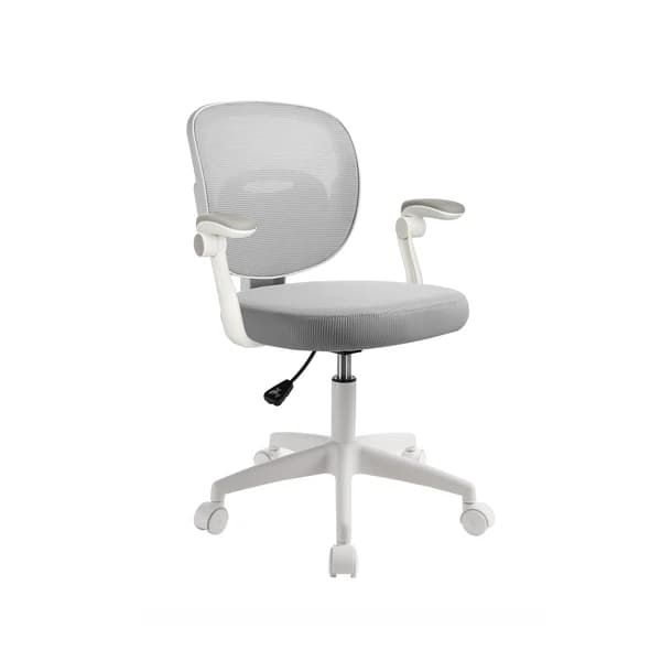 A modern task chair featuring a grey mesh backrest and a grey upholstered seat. It has white plastic armrests that can flip up, a white five-star base with casters, and a gas lift mechanism for height adjustment. The chair is designed for office or desk use. — 3D model