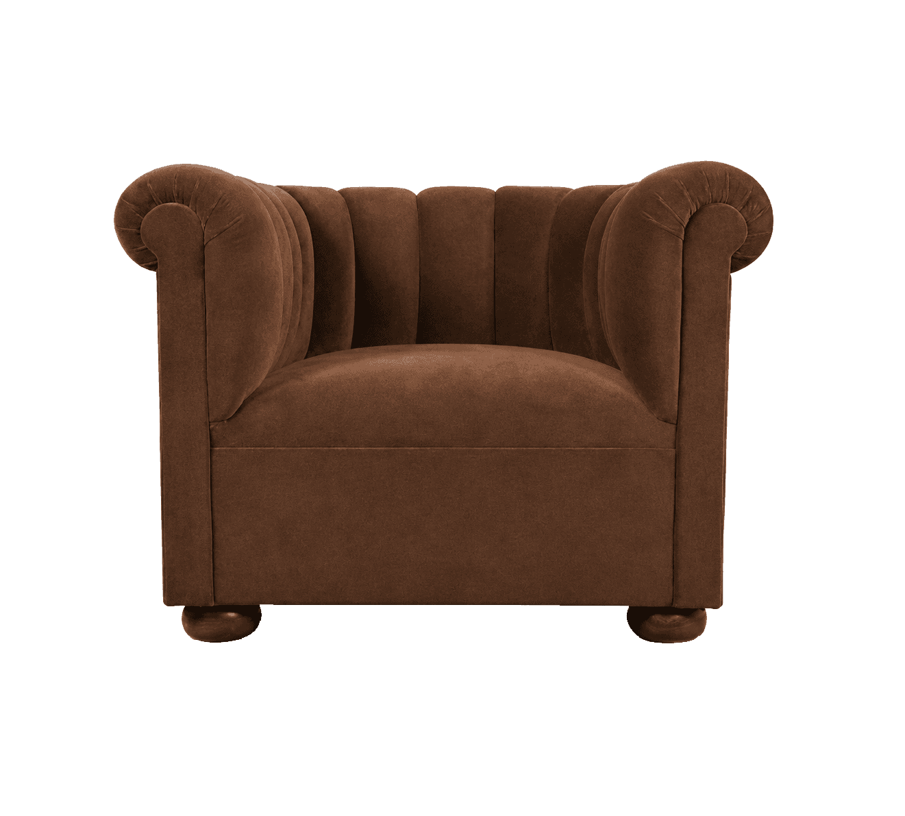 A single-seater armchair with a high, tufted back and rolled arms. The armchair features a channel-t… — free OBJ 3D model