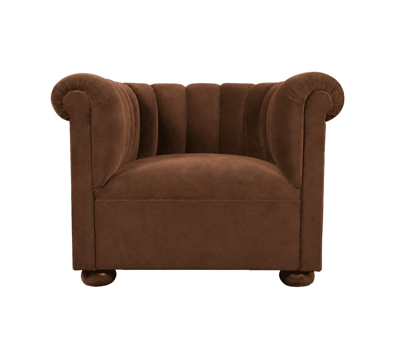 A single-seater armchair with a high, tufted back and rolled arms. The armchair features a channel-tufted backrest and a smooth, upholstered seat. It is supported by four short, rounded wooden legs. — 3D model