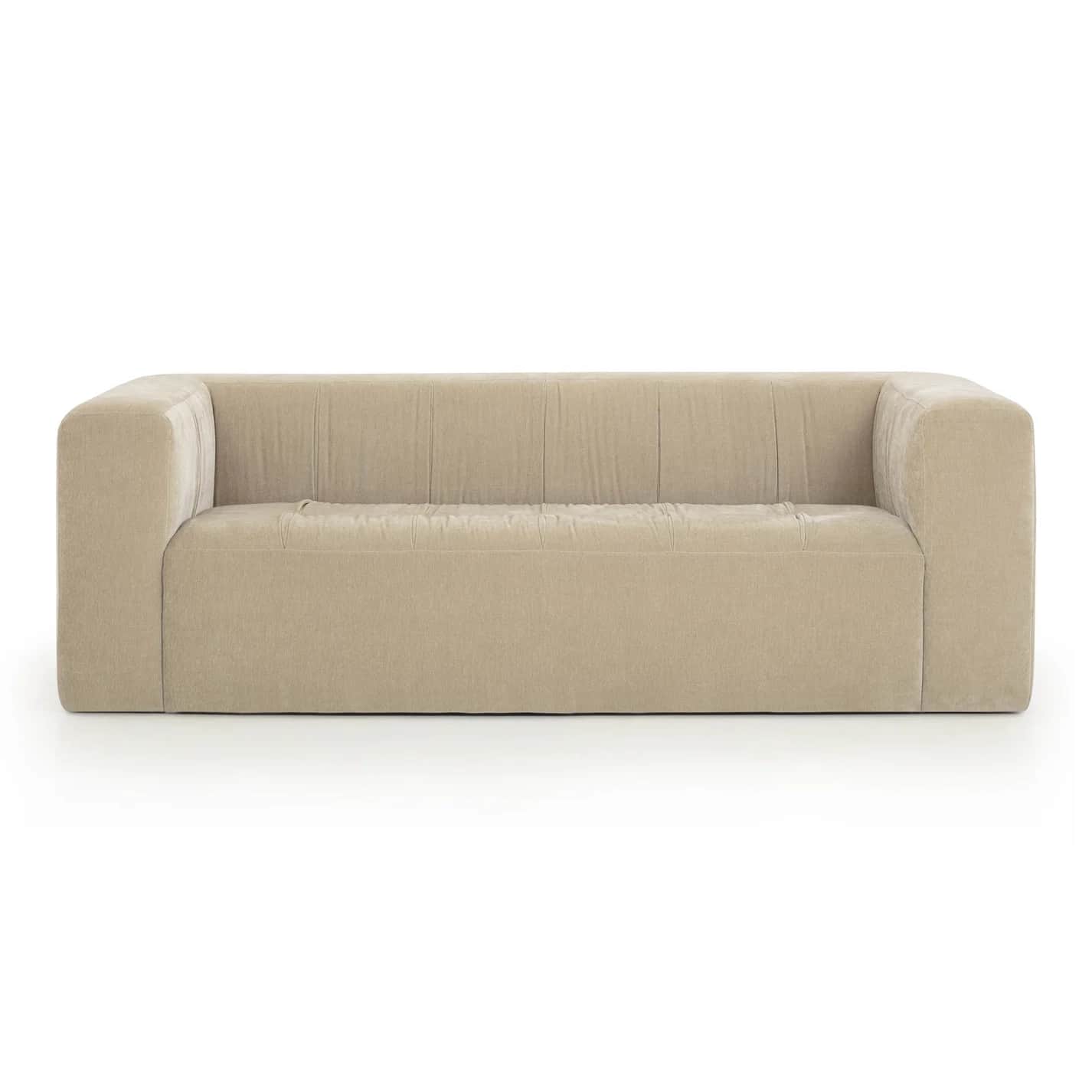 A beige upholstered sofa with a low-profile, boxy silhouette, featuring vertical channel tufting on… — free FBX 3D model