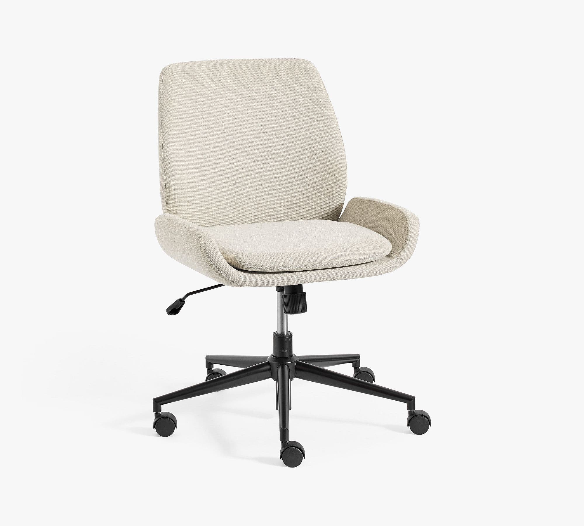 A contemporary office chair featuring light beige fabric upholstery, a padded seat, and a curved backrest with integrated armrests, all mounted on a black five-star base with caster wheels and an adjustable height mechanism. — 3D model