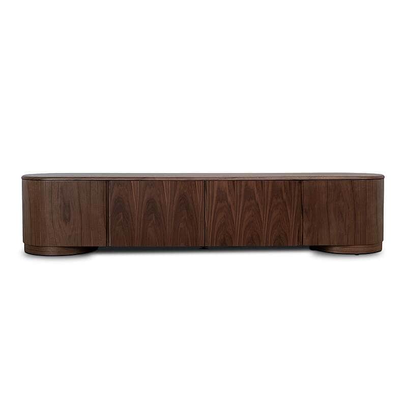 A long, low wooden cabinet featuring four door panels and distinctively rounded ends, crafted from a… — 3D model