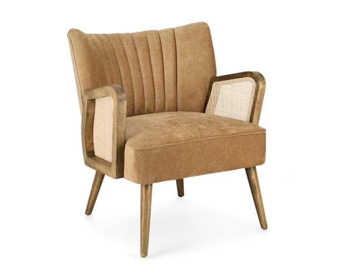An upholstered armchair featuring a wooden frame with cane webbing inserts in the armrests and channel tufting on the backrest. The chair has a warm, light brown fabric upholstery and slender, tapered wooden legs. — 3D model